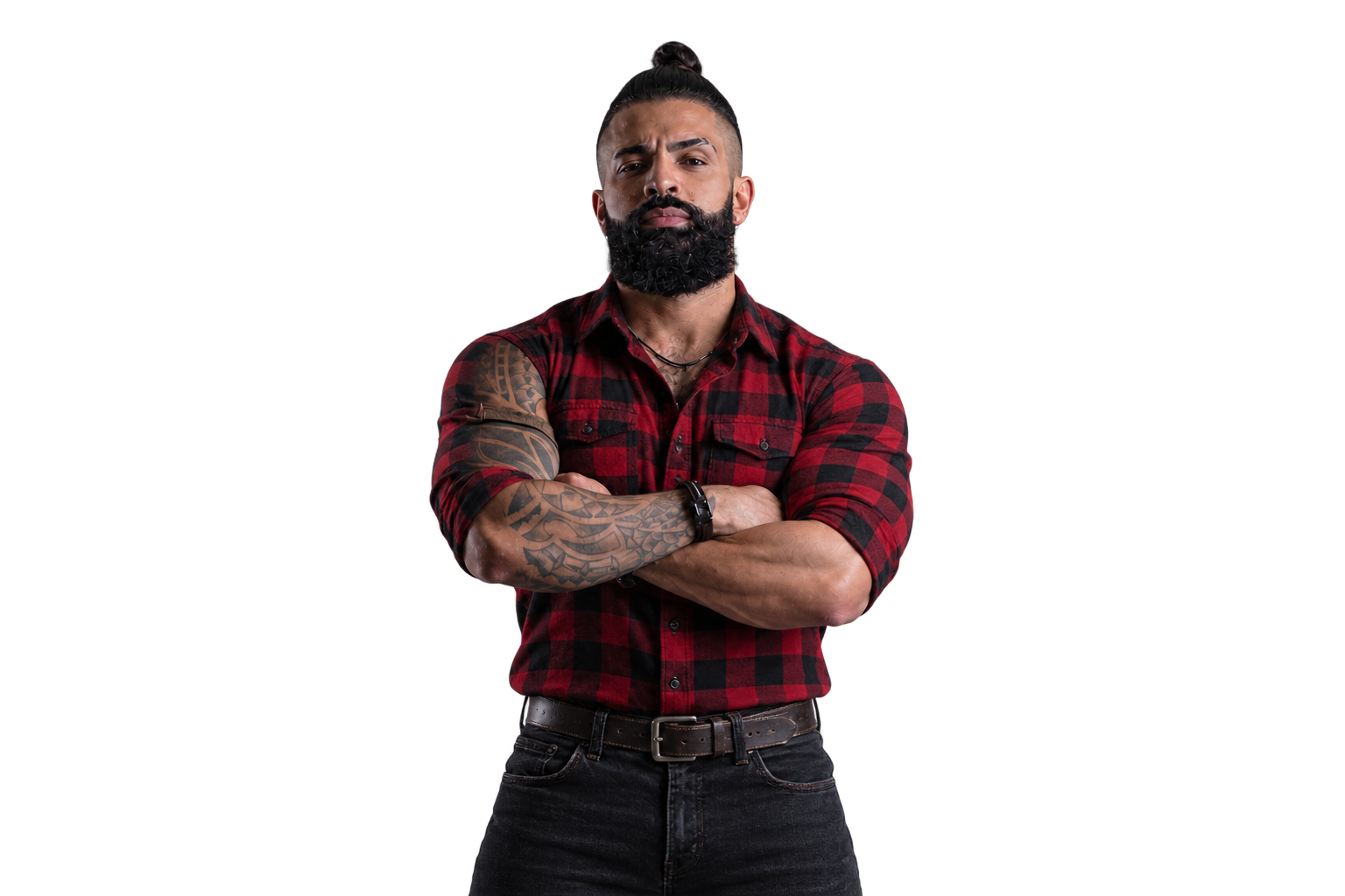 Mac na versão hipster, com camisa xadrez e coque samurai, braços cruzados.